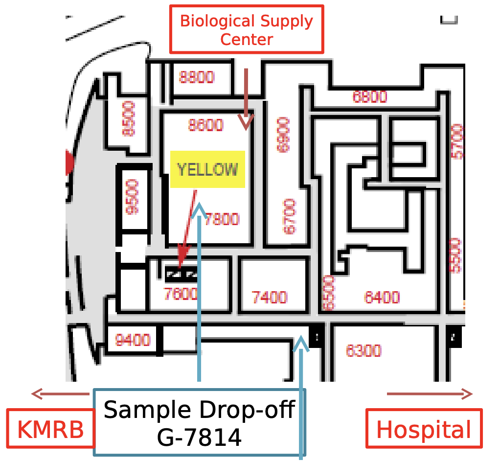 Map of URMedicine ground floor to G-7814 where our sample drop off room is located. It is near the yellow elevators and the biological supply center.