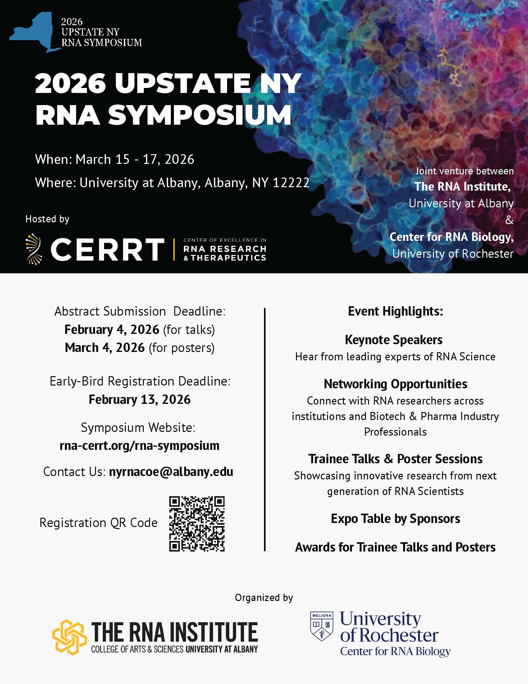 Flyer for the 2026 Upstate NY RNA Symposium at the University of Albany March 15 - 17