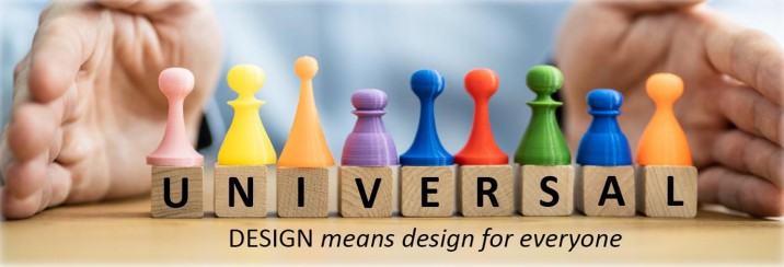 photo of game pieces on top of blocks with the letters: Universal Design means design for everyone