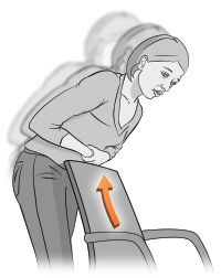 Ilustración de una mujer atragantándose inclinada sobre el respaldo de una silla para realizar sola la maniobra de rescate.