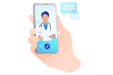 Cartoon hand holding a mobile phone with a doctor on the screen