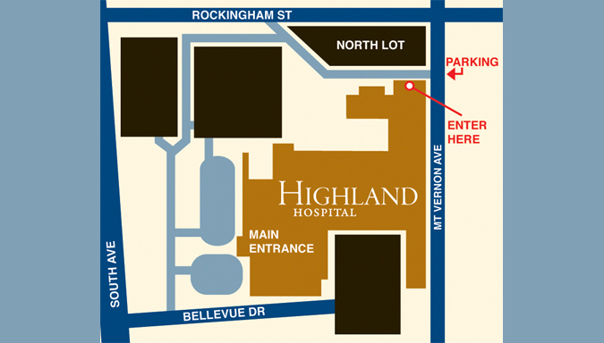 Map to Highland Procedures Center, showing entrance from North Lot on Mt. Vernon Avenue