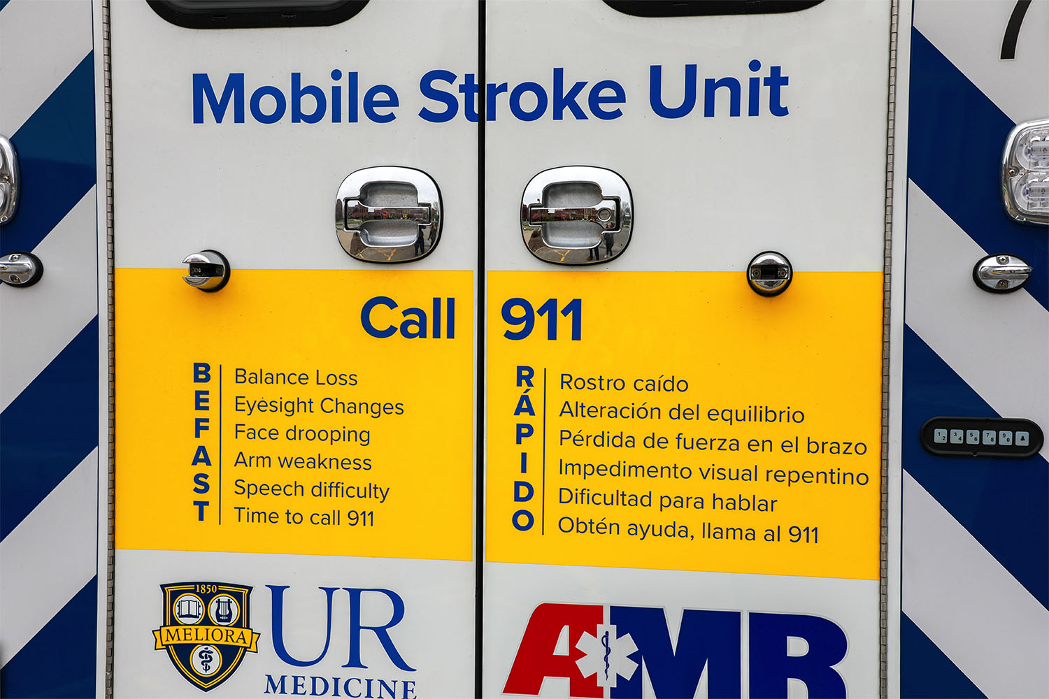 B.E.F.A.S.T. - Stroke Signs and Symptoms message on back of Mobile Stroke Unit doors.
