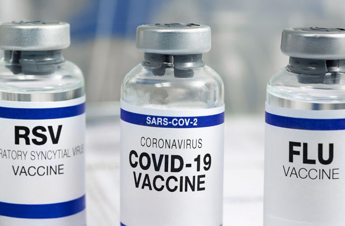 Bottles of RSV, COVID-19, and Flu Vaccines