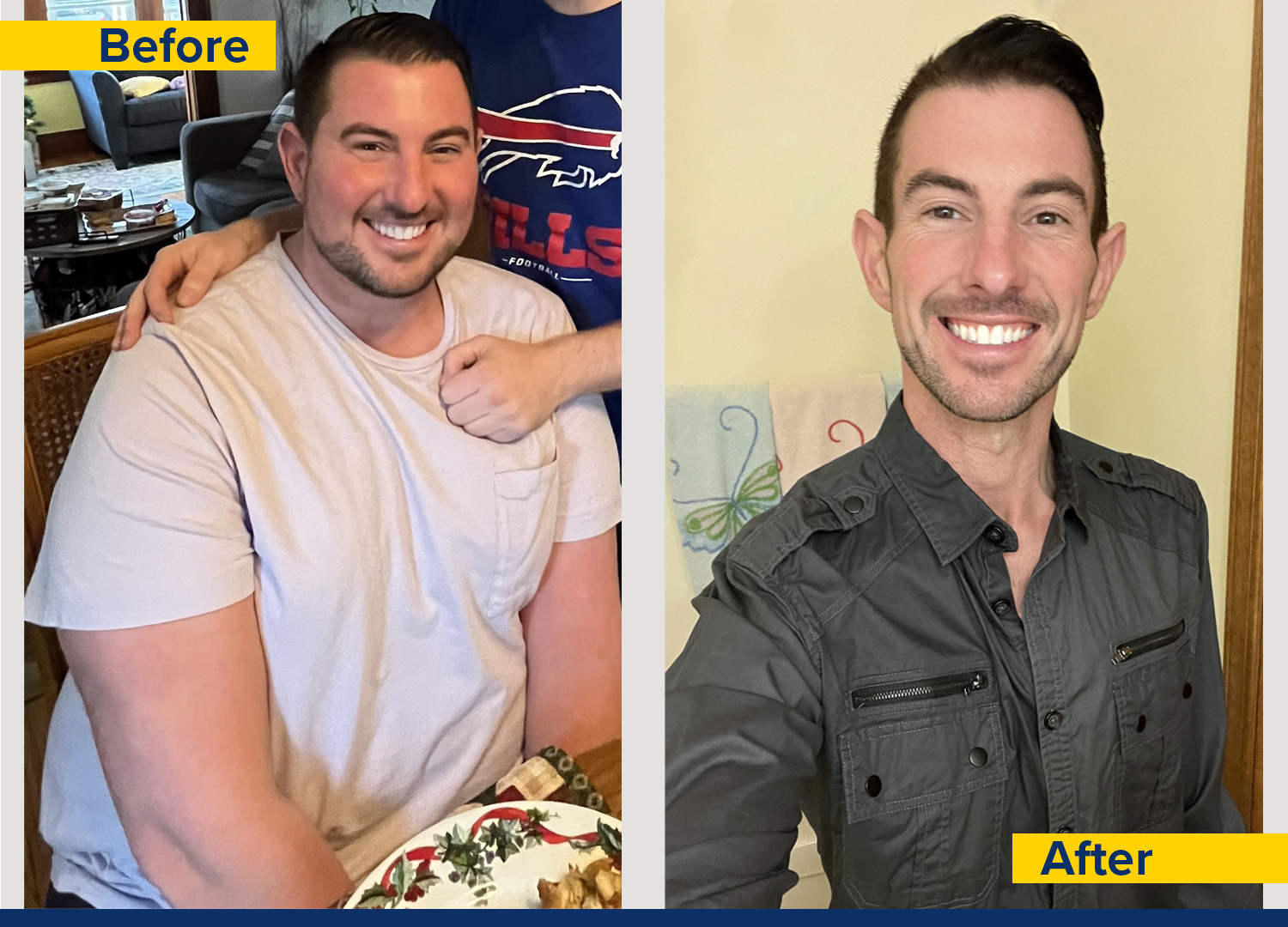 Before and after photos of a man showing significant weight loss, highlighting his healthier appearance and confidence.