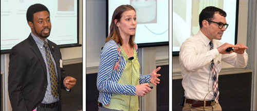 Solomon Abiola, Sara Nowacki and Karl Smith, the top three finishers at the Falling Walls Competition.