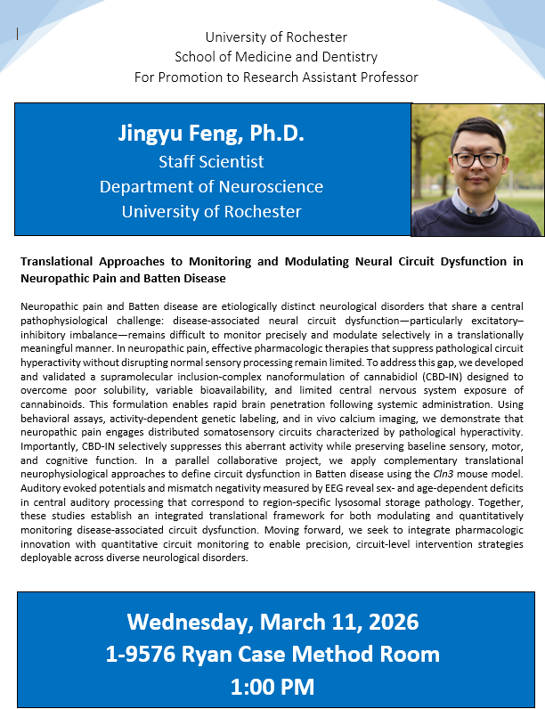 Flyer for Jingyu Feng, PhD Promotion to Research Assistant Professor 