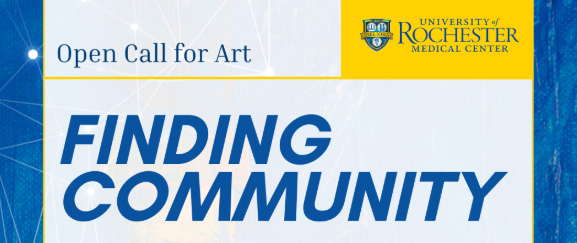 Image of text on blue background. Text says "Open Call for art. Finding Community"