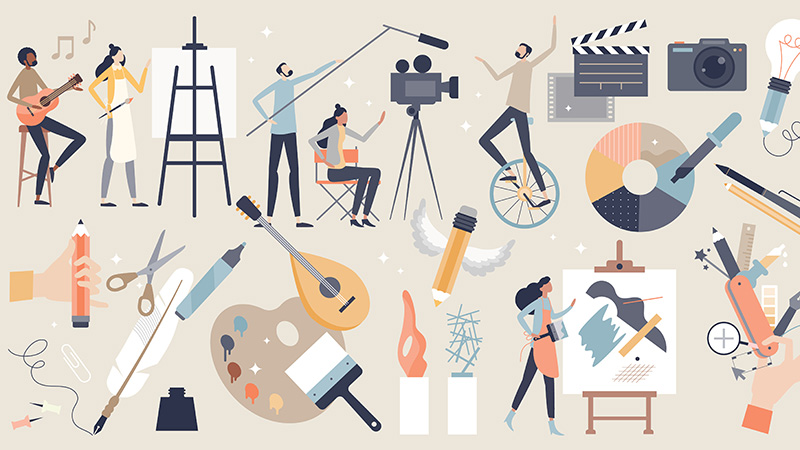 Illustration of people engaging in types of art