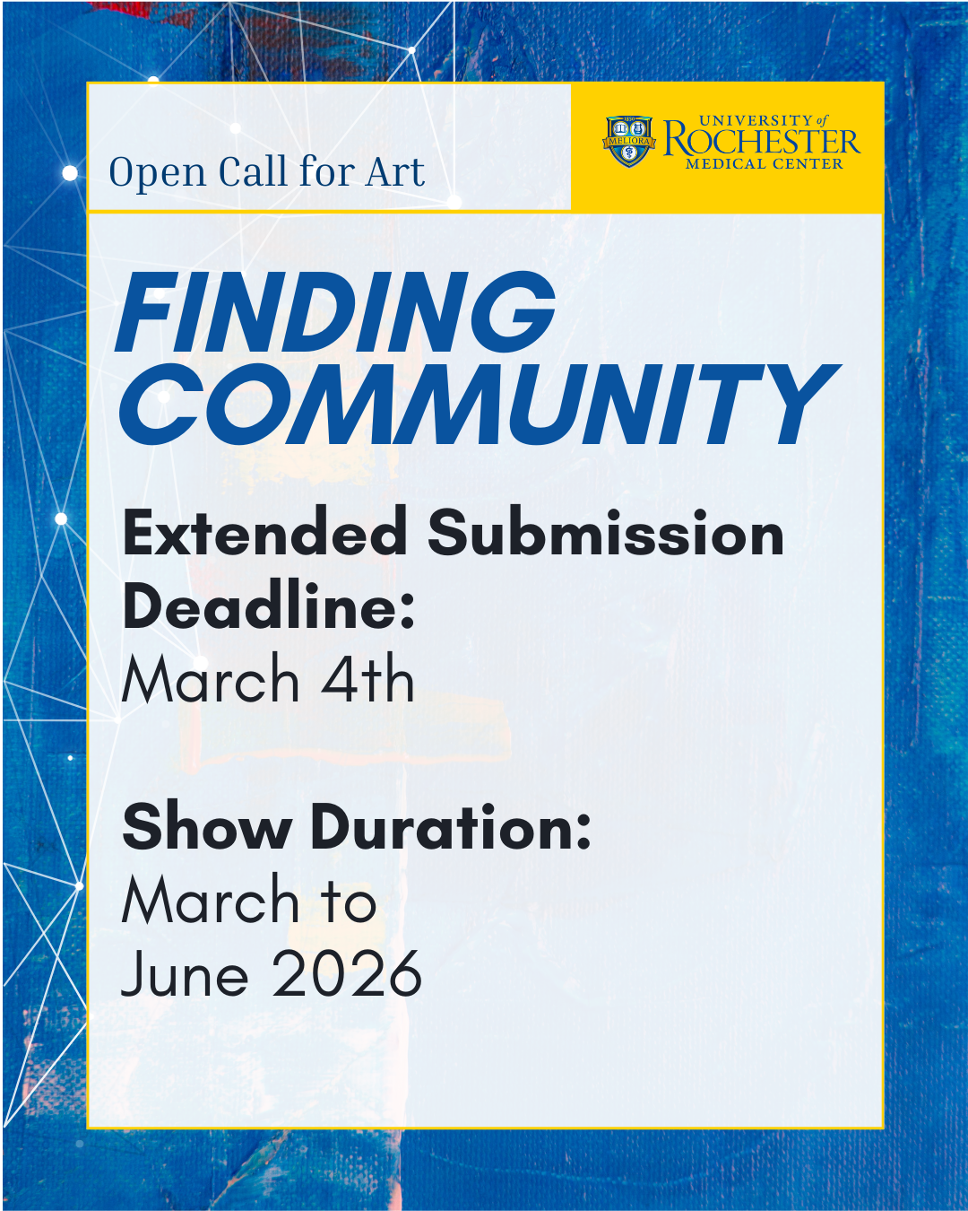Image of text on blue background. Text says "Open Call for art. Finding Community"