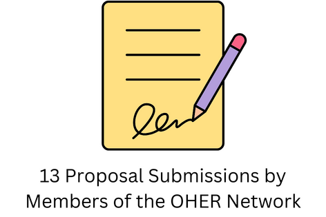 graphic of a pencil writing on lined paper with the text: 13 proposal submissions by members of the OHER Network