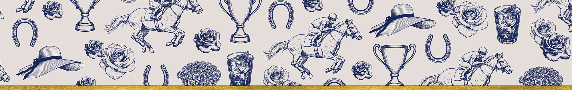 A patterned banner features illustrated motifs of horses, jockeys, roses, trophies, horseshoes, wide-brimmed hats, and mint julep glasses arranged in a repeating design.